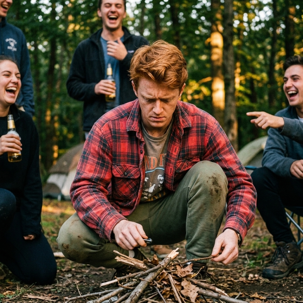 day 3 of trying to start a fire. lost two lighters, my dignity, and almost my eyebrows. the forest humbled me and i am a changed man.